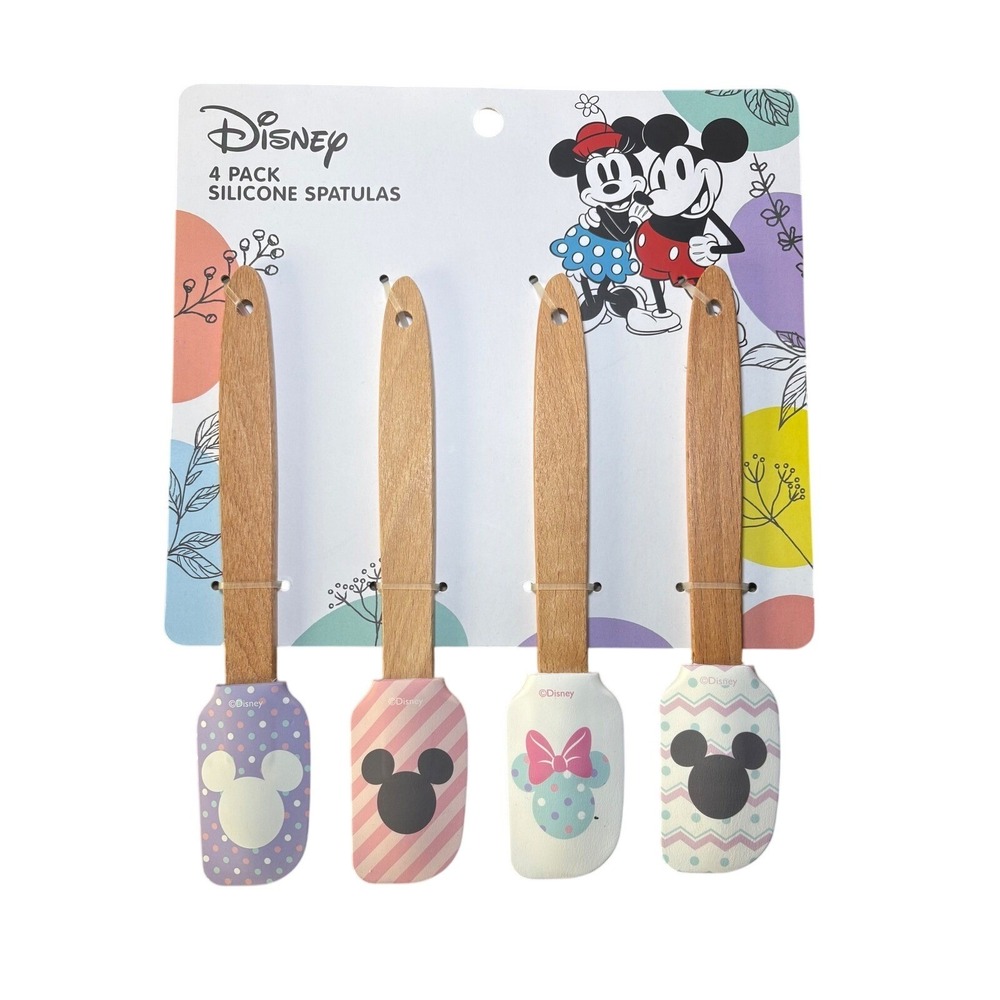 Disney Silicone Spatula 4 Pack Mickey Minnie Mouse Wood Handle NEW
